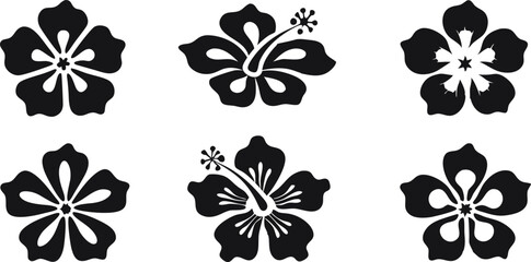 Set of tropical hibiscus flower silhouettes. SVG clipart, cut file, icon, symbol for logo, tattoo, print design. Vector Black outline illustrations isolated on white © Chondon