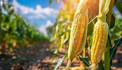 Ripe corn on the cob ready for harvest in a corn field
