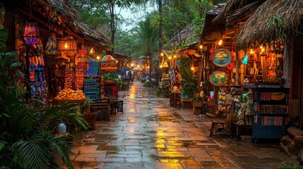 Fototapeta premium Rainy Night Market Street in Tropical Village with Souvenir Shops