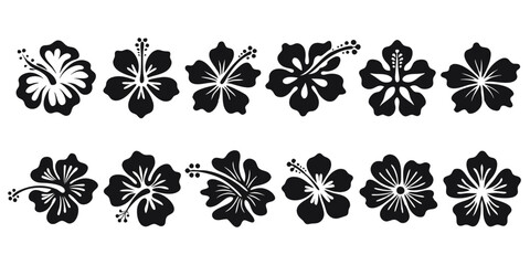 Set of tropical hibiscus flower silhouettes. SVG clipart, cut file, icon, symbol for logo, tattoo, print design. Vector Black outline illustrations isolated on white © Chondon