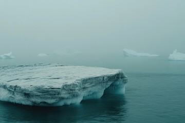 Gentle ice floes float serenely in a misty ocean, creating an ethereal scene that captures the essence of tranquility and the beauty of winter landscapes.
