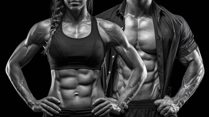 Obraz premium Athletic Muscular Woman and Man Torsos on Black Background, Strong and Defined Physiques, Powerful and Dynamic Representation of Fitness, Gym or Strength Training Theme, Bold and Inspirational Visual