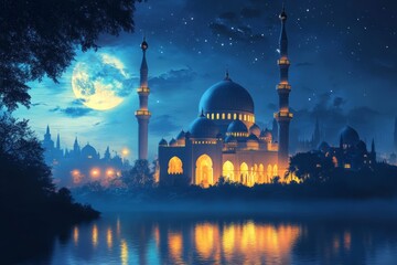 A Majestic Mosque Glows Under A Full Moon, Reflecting In Serene Waters.  A Peaceful, Nighttime Scene Evokes Tranquility And Spirituality.