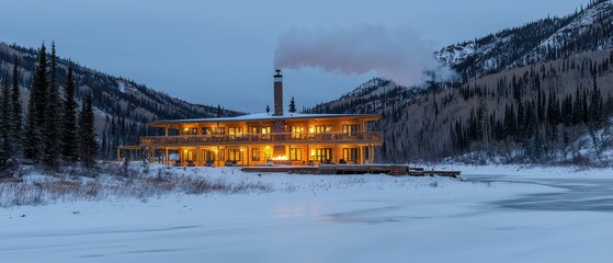 A tranquil winter cabin surrounded by snow-covered evergreens, glowing warmly under the soft light of dusk. Smoke rises gently from the chimney, blending into the pastel hues of twilight. The 