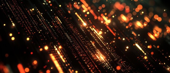 Fototapeta premium Abstract digital data stream with glowing orange particles and bokeh effect, representing technology, network, and futuristic concepts