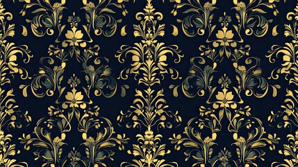 Golden Floral Damask Pattern, Seamless Design, Dark Background, Textile Print