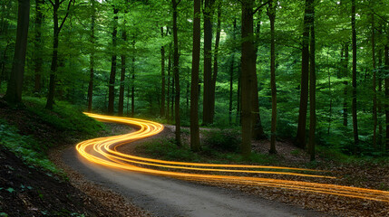 Winding forest road, car light trails, nature background, travel imagery