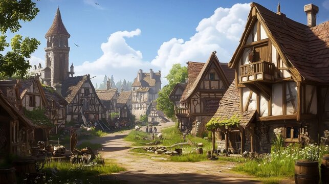 Immersive visuals showcasing charming village life in a role-playing game.