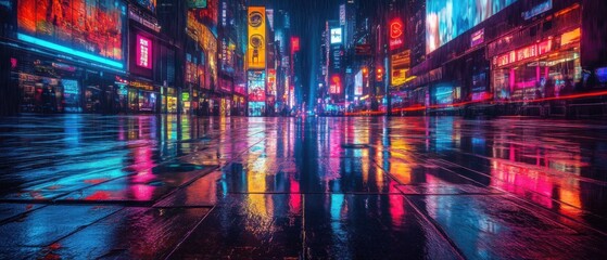 Obraz premium Rainy night in a vibrant city with neon lights reflecting on wet pavement, creating a futuristic and cyberpunk atmosphere Concept of urban life, technology, and nightlife
