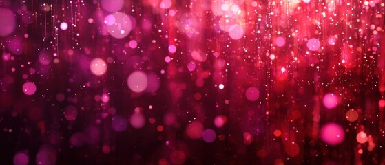 Abstract red and pink bokeh lights with falling glitter particles, creating a festive and magical background for celebration or holiday events