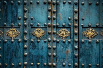 Fototapeta premium An artisan-crafted blue door adorned with metallic accents and intricate designs, exuding an aura of history and artistic beauty that captivates the observer's attention.