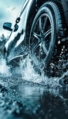 Dynamic Car Tire Driving Through Puddle Showcasing Superior Wet Condition Traction