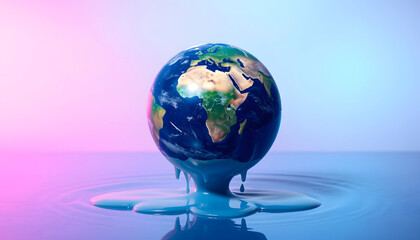 World globe melting with liquid on a reflective surface with a pink and blue background, symbolizing global warming, climate change, and environmental impacts