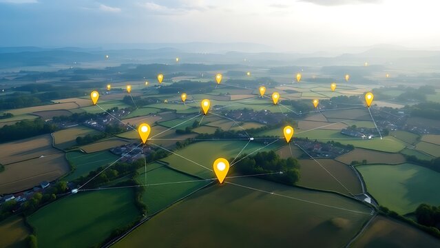 Aerial view of land with network markers representing land development planning and connectivity.