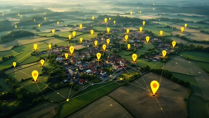 Aerial view of land with network markers representing land development planning and connectivity.