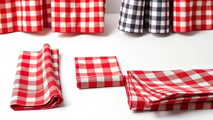 Fototapeta premium Red Checkered Kitchen Napkins - Folded, Isolated, Clipping Path, Banner Design