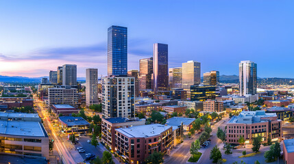 Denver city skyline sunset panorama, urban landscape, mountain backdrop, travel tourism