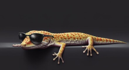 Naklejka premium A gecko wearing sunglasses lounges on a sleek surface in a modern setting