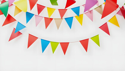 Colorful party flags isolated on white background, birthday, anniversary, celebrate event, festival greeting card background, cinematic