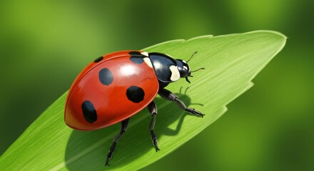 Obraz premium Close-up of a vibrant ladybug perched on a green leaf in nature