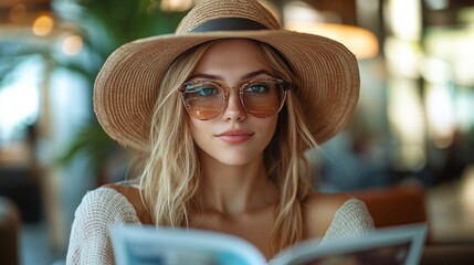 relaxing moment of a caucasian tourist traveler reading a magazine in the hotel lobby, taking time...