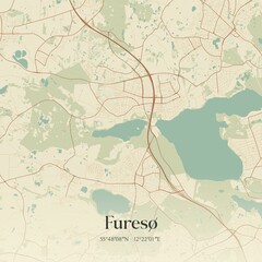 Vintage map of Furesø, Denmark.