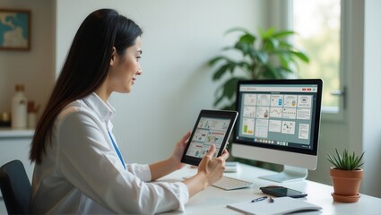 A woman working on a computer at a desk, reviewing images and data on the screen. A notebook, pen, and coffee cup are on the desk. Natural light and greenery visible. Generative, AI,