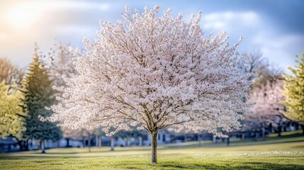 Obraz premium Serene Spring: A Single Blossoming Cherry Tree in a Sunlit Meadow