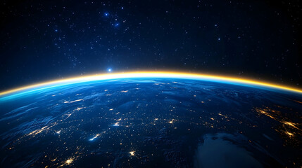 Obraz premium Earth sunrise, space view, city lights, night, global perspective