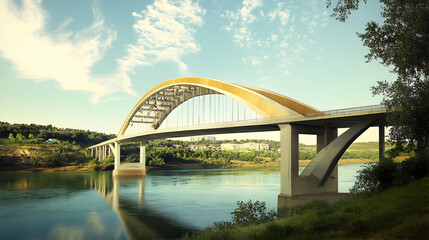 Naklejka premium Modern arch bridge spanning river, city background, scenic travel