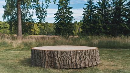 Fototapeta premium Tree Trunk Wood Podium on a Nature Background, Rustic Natural Wooden Stand Surrounded by Lush Greenery, Organic Texture with Earthy Vibes, Perfect for Outdoor Presentations or Eco-Friendly Displays