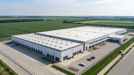 Large warehouse modern business unit outdoor drone shot