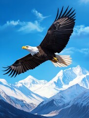 Obraz premium Majestic Bald Eagle Soaring Above Snow Capped Mountains - A stunning depiction of a bald eagle flying gracefully above majestic snow capped mountains symbolizing freedom, strength, beauty, wilderness