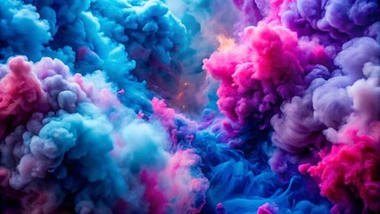 Fototapeta premium A blue-pink-purple cloud of smoke with dust and paint particles. The explosion turned out to be very colorful and bright. Chaotic abstract background. Purple wallpaper for design. A mix of holi colors