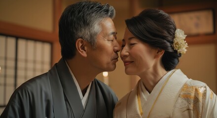 Traditional japanese anniversary celebration with mature asian couple in elegant attire
