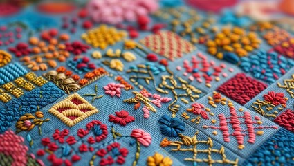 Colorful Quilt Squares Detail Showing Embroidery Stitch Patterns Closeup Textile Art