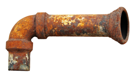 Rusty metal pipe with 90 degree curve on transparent background