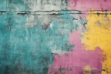 Obraz premium Weathered cracked wall texture showing multiple layers of turquoise, pink and yellow paint, creating an abstract background