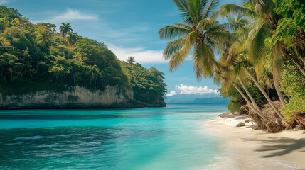 A hidden cove with towering palm trees and turquoise waters, a perfect secluded paradise. Ocean, relaxing, tropical