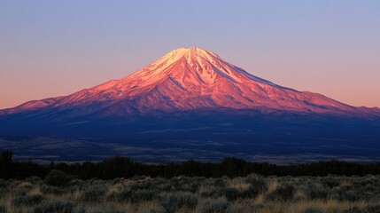 Sunset illuminates snow-capped volcano, high desert landscape, travel poster