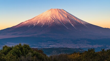 Fototapeta premium Majestic Mount Fuji sunrise, Japan, scenic landscape, tranquil nature, travel poster