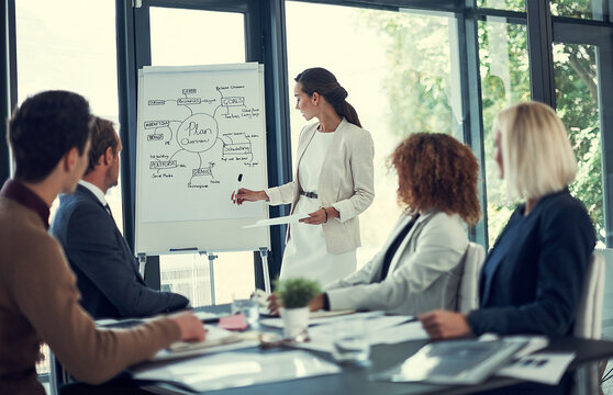 Speaker, coaching or businesswoman by whiteboard for presentation, education or staff training. Paperwork, report or manager with mind map for team planning, finance workshop or skills development