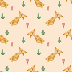 Cute dino patterns, seamless pattern with dinosaurs in glasses, dino kids print, kids textile design, watercolor illustration
