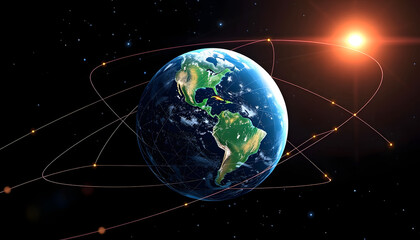 Global communication network around planet Earth in space . Global network connection covering the earth with lines of innovative perception, vector style, with white tones