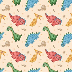 Cute dino patterns, seamless pattern with dinosaurs in glasses, dino kids print, kids textile design, watercolor illustration