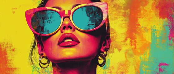 Obraz premium Closeup of a stylish adult woman with pink sunglasses and red lips against a vibrant abstract painted background Concept of fashion, beauty, and retro style