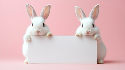 Two fluffy white rabbits pose cutely while holding a blank sign with their paws. The soft pink backdrop enhances the cheerful atmosphere, making it ideal for whimsical announcements