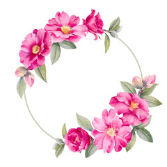 Naklejka premium Watercolor bright pink camellia flowers and leaves branch isolated on white background