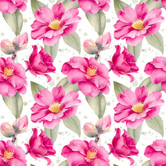 Obraz premium Watercolor pink camellia flowers and leaves seamless pattern isolated on white background