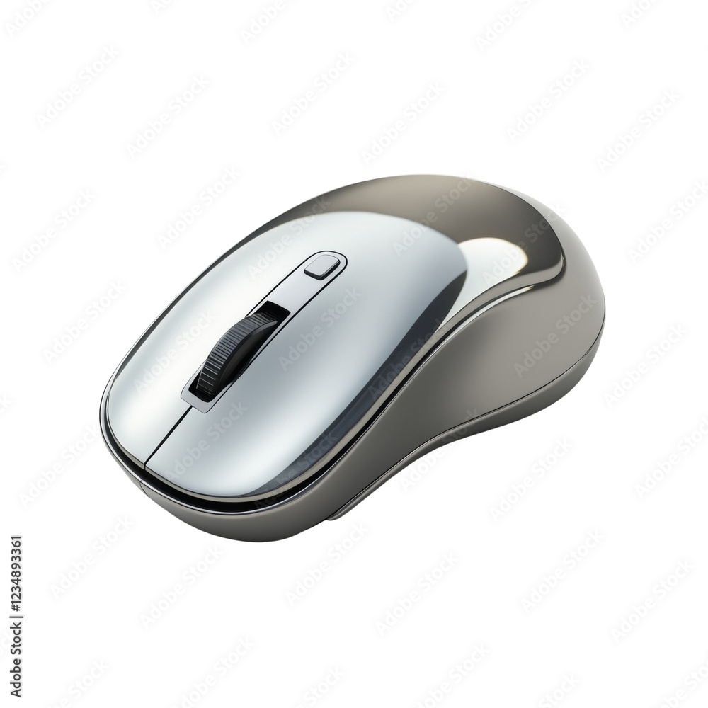 Poster A modern chrome wireless computer mouse is shown in a sleek and elegant design against a black background.